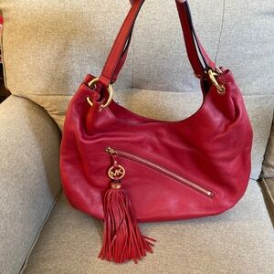 Michael Kors large red charm tassel shoulder tote